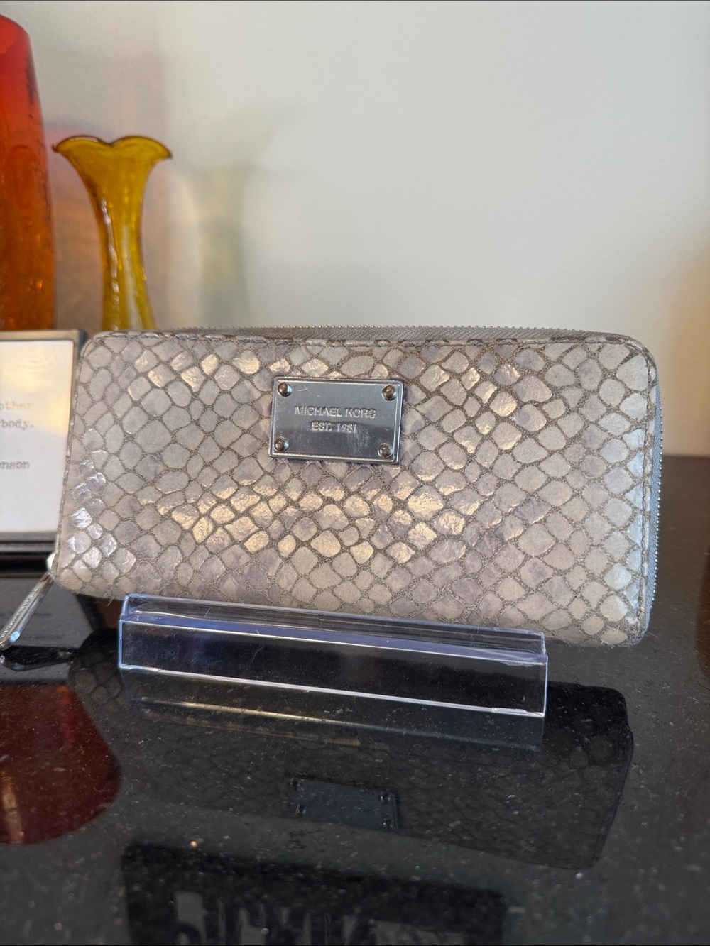 Michael Kors Metallic Snake-Embossed Zip Wallet - Silver Taupe